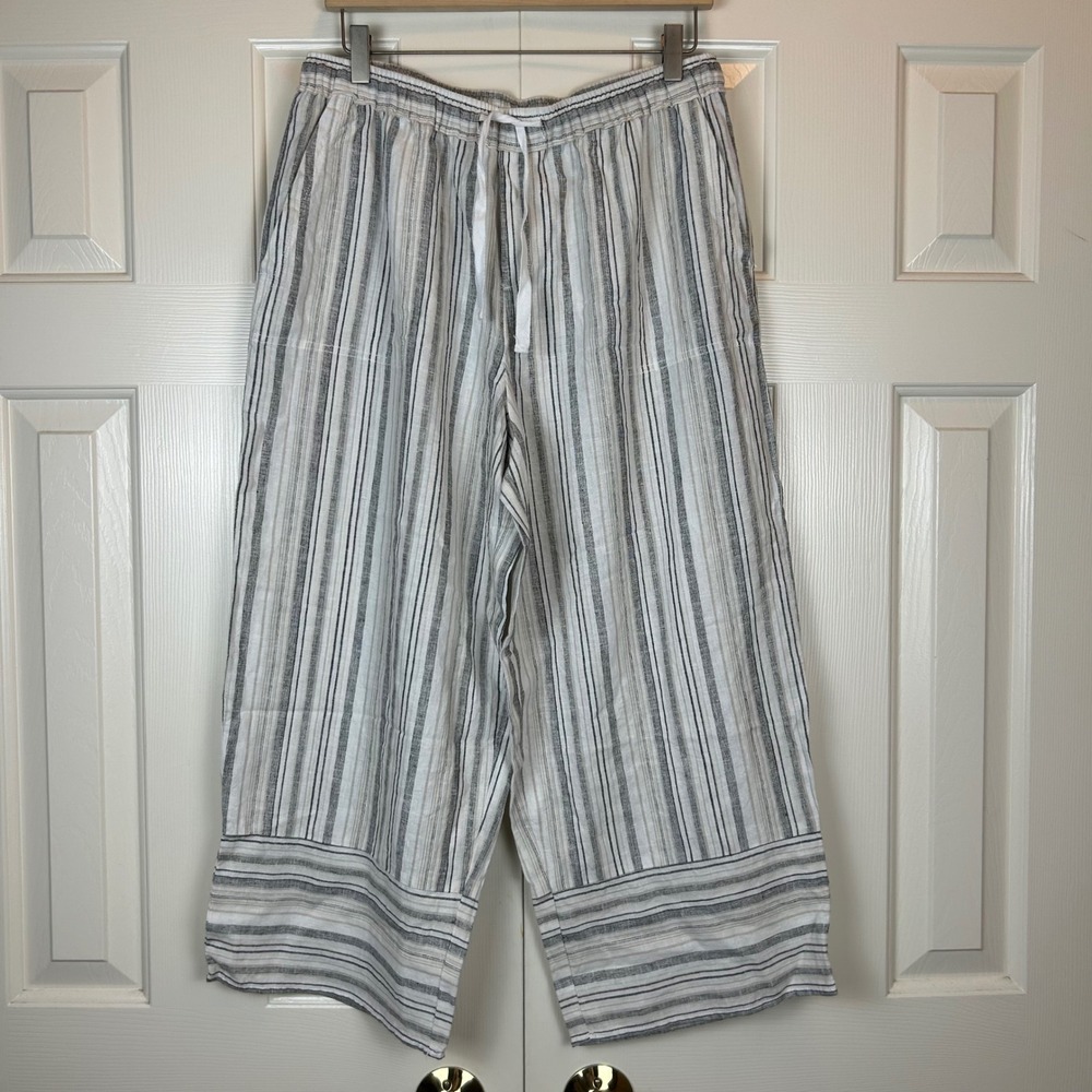 Casa Cabana Womens Medium Striped Linen Blend Wide Leg Crop Pants